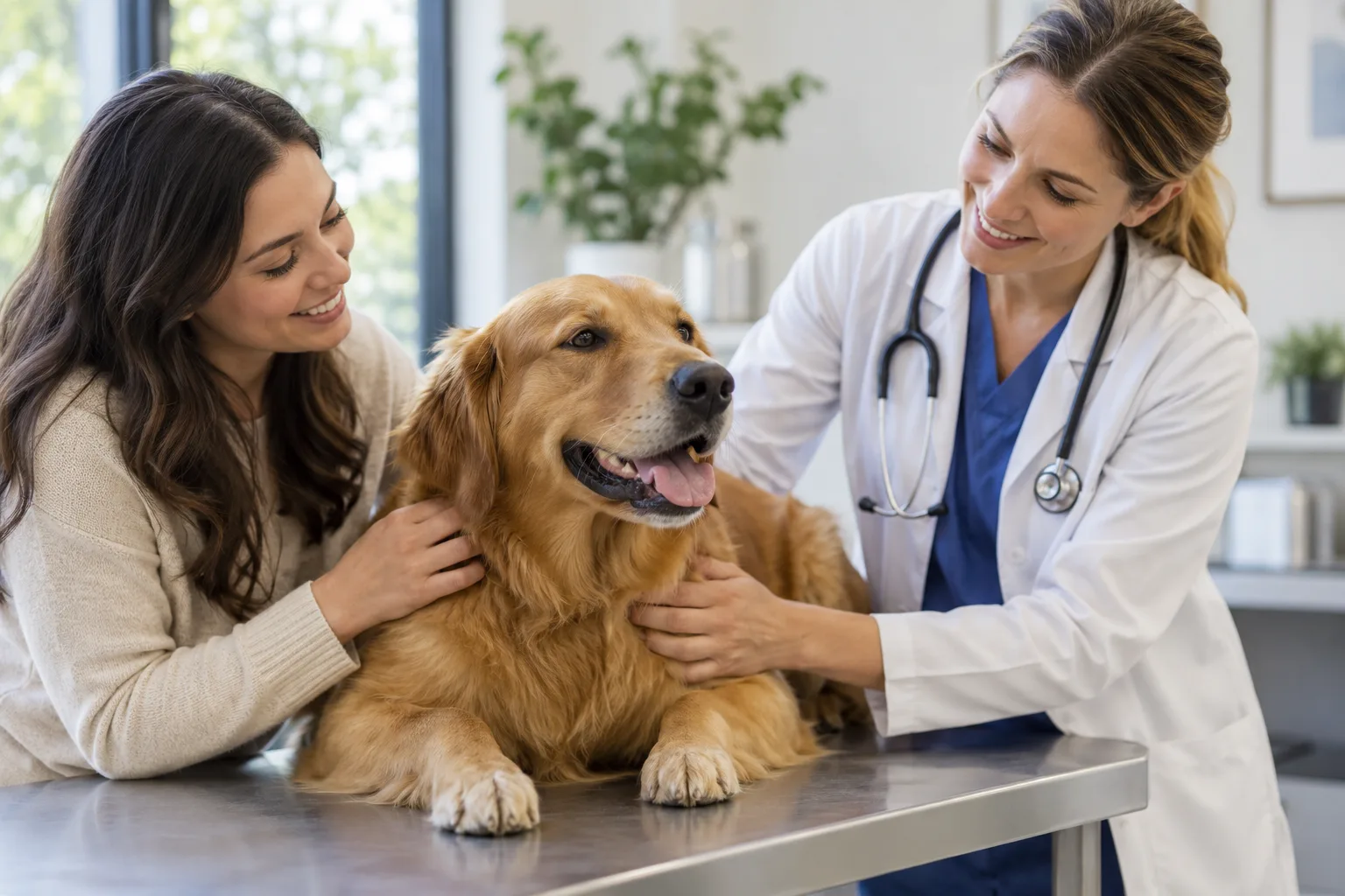 Golden-colored dog with owner and veterinarian at an examination table